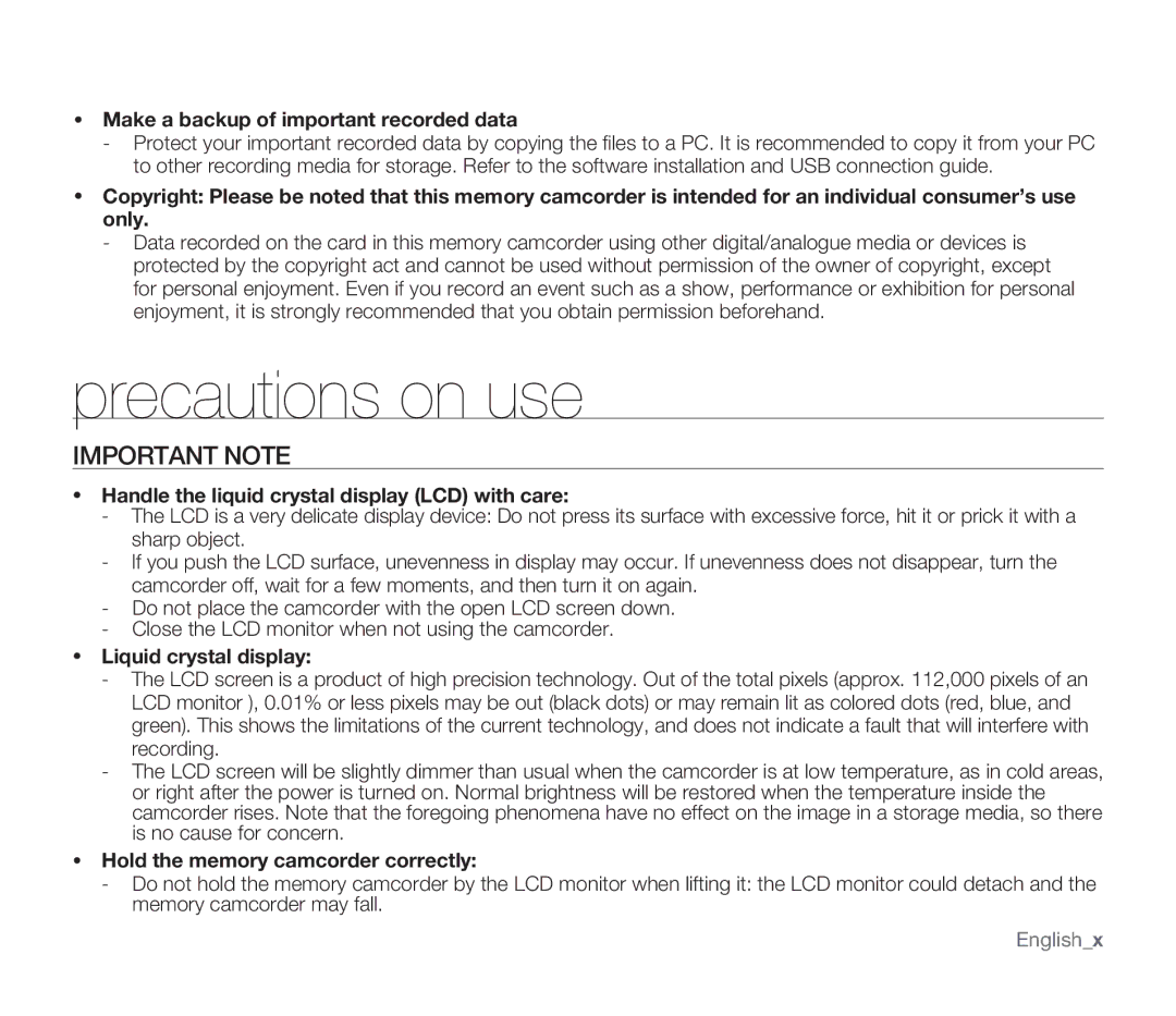 Samsung SMX-F33BN, SMX-F34SN, SMX-F34LN, SMX-F34RN, SMX-F33LN, SMX-F33RN, SMX-F33SN Precautions on use, Important Note 