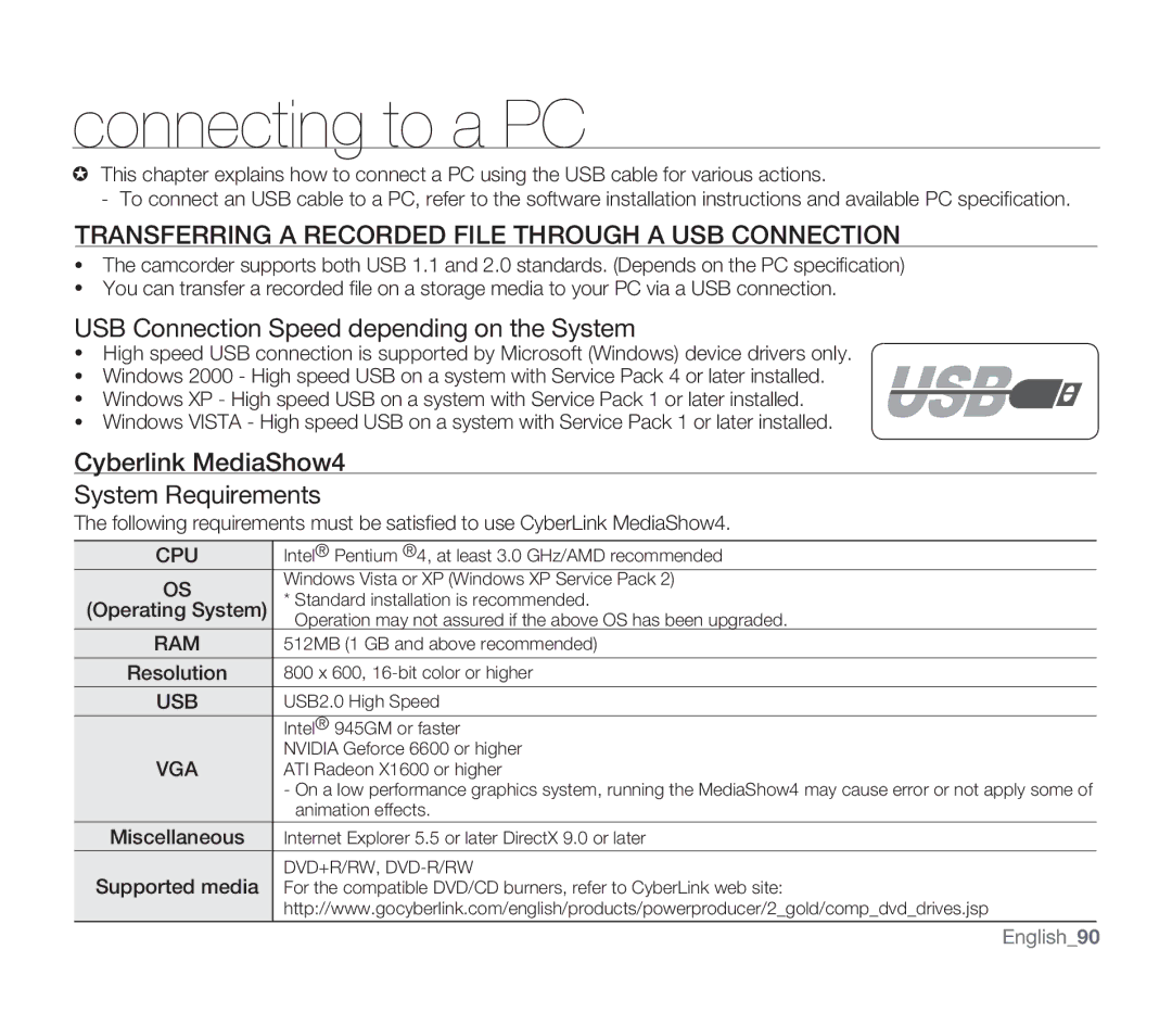 Samsung SMX-F34RN, SMX-F34SN Connecting to a PC, Transferring a Recorded File Through a USB Connection, English90 