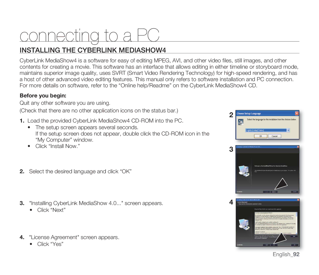 Samsung SMX-F33LN, SMX-F34SN, SMX-F34LN, SMX-F34RN Installing the Cyberlink MEDIASHOW4, Before you begin, English92 