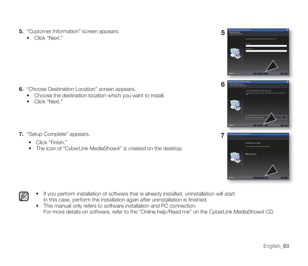 Samsung SMX-F33RN, SMX-F34SN, SMX-F34LN, SMX-F34RN, SMX-F33BN, SMX-F33LN, SMX-F33SN user manual Setup Complete appears, English93 