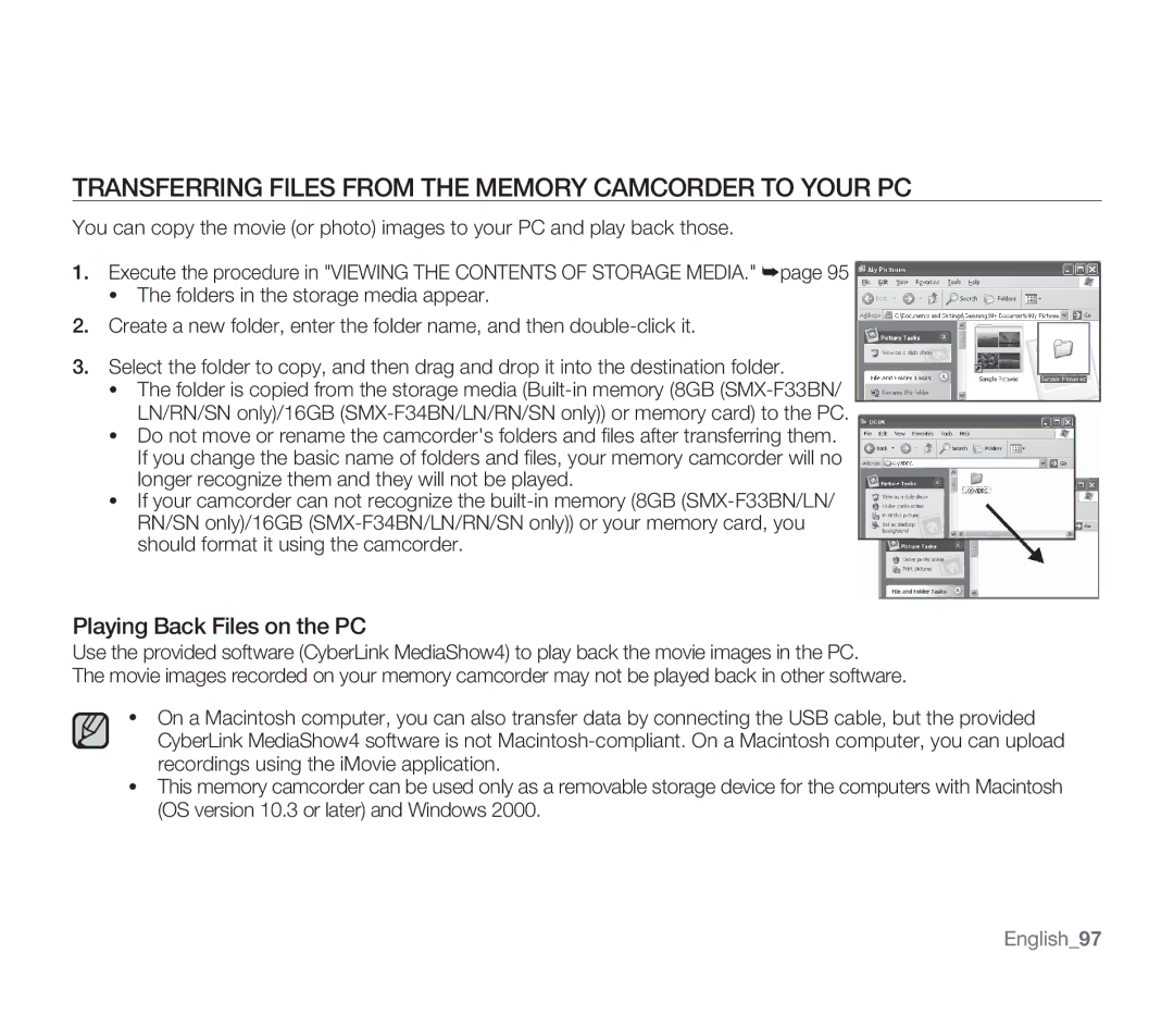 Samsung SMX-F34RN Transferring Files from the Memory Camcorder to Your PC, Playing Back Files on the PC, English97 