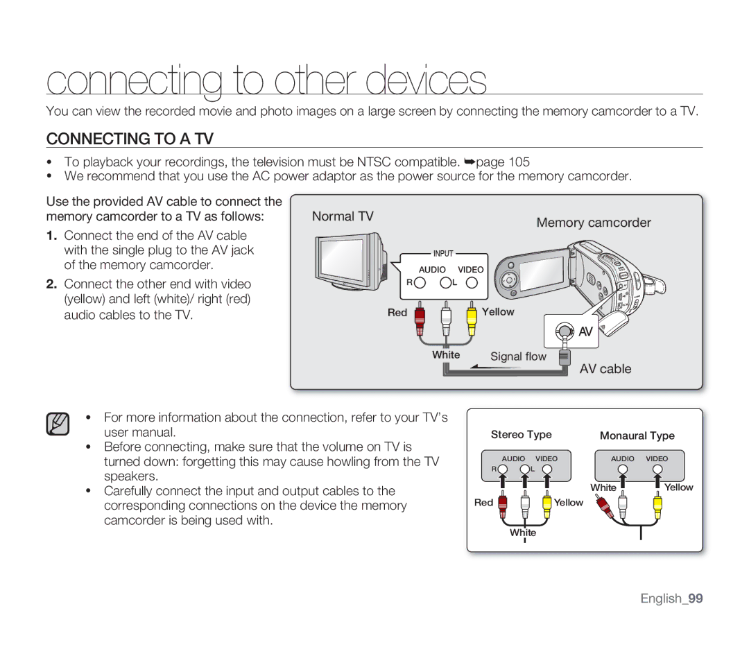 Samsung SMX-F33LN, SMX-F34SN, SMX-F34LN Connecting to other devices, Connecting to a TV, Audio cables to the TV, English99 