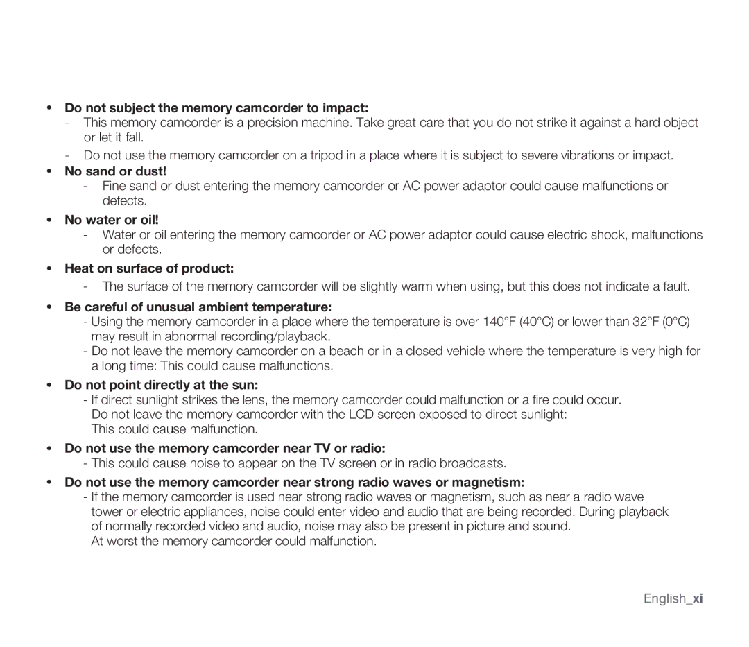 Samsung SMX-F33LN, SMX-F34SN, SMX-F34LN Do not subject the memory camcorder to impact, No sand or dust, No water or oil 