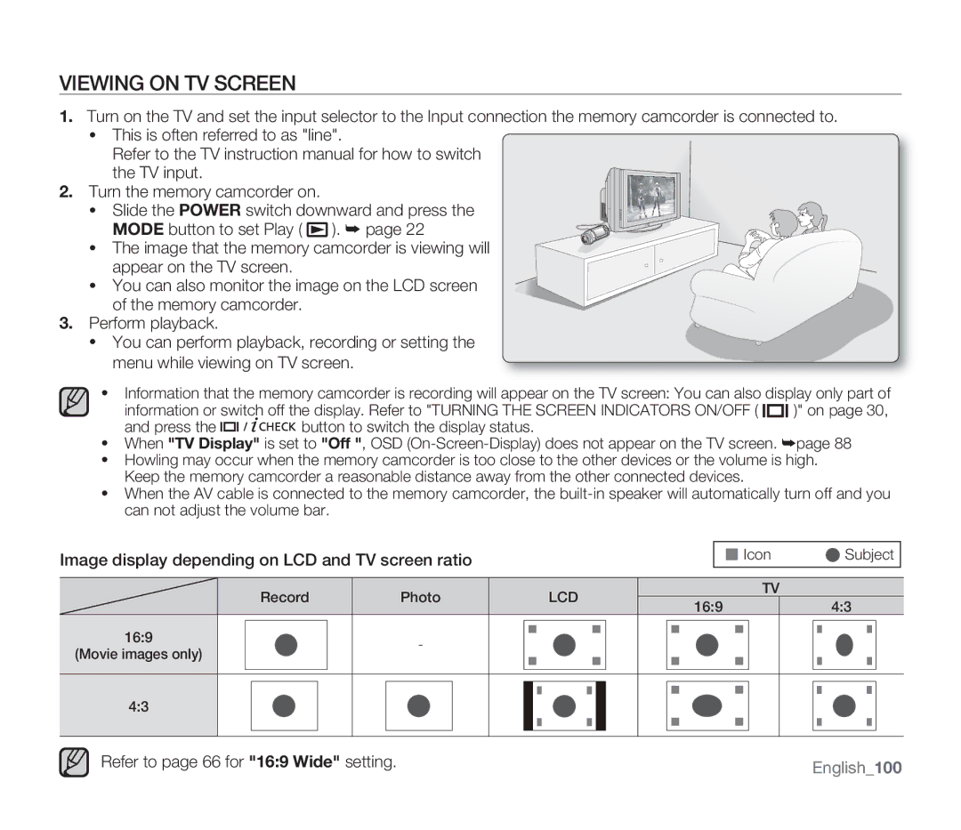 Samsung SMX-F33RN, SMX-F34SN, SMX-F34LN, SMX-F34RN Viewing on TV Screen, Image display depending on LCD and TV screen ratio 