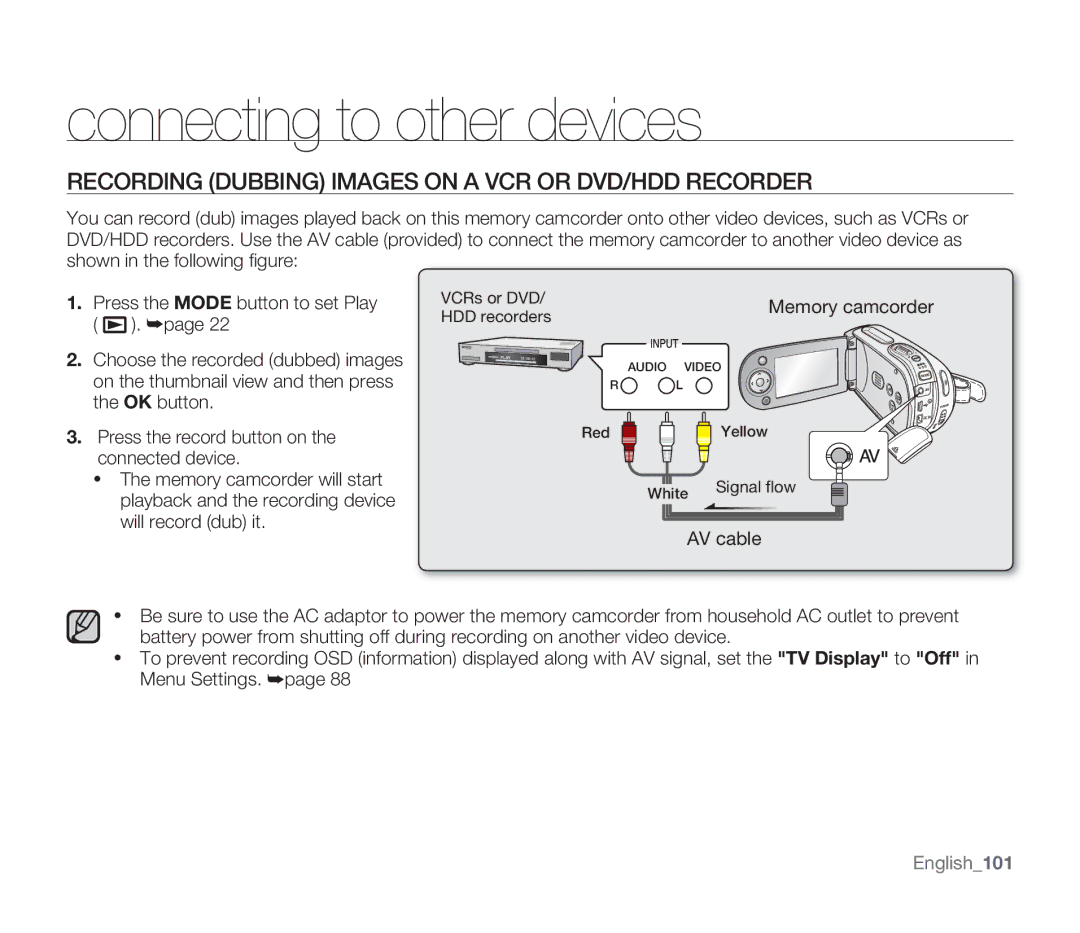 Samsung SMX-F33SN, SMX-F34SN, SMX-F34LN Recording Dubbing Images on a VCR or DVD/HDD Recorder, Memory camcorder, English101 