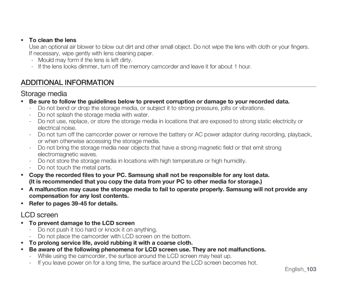 Samsung SMX-F34LN, SMX-F34SN, SMX-F34RN, SMX-F33BN Additional Information, Storage media, LCD screen, To clean the lens 
