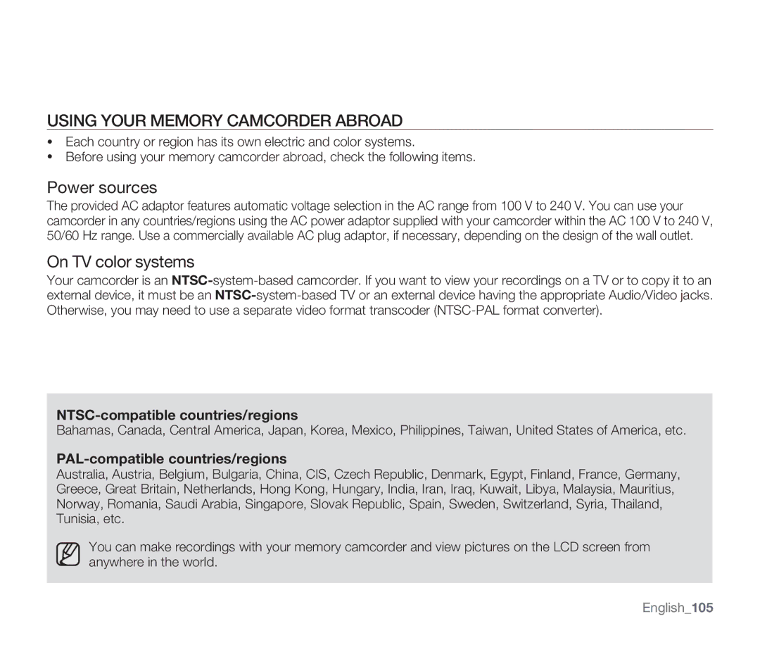 Samsung SMX-F33BN Using Your Memory Camcorder Abroad, Power sources, On TV color systems, PAL-compatible countries/regions 