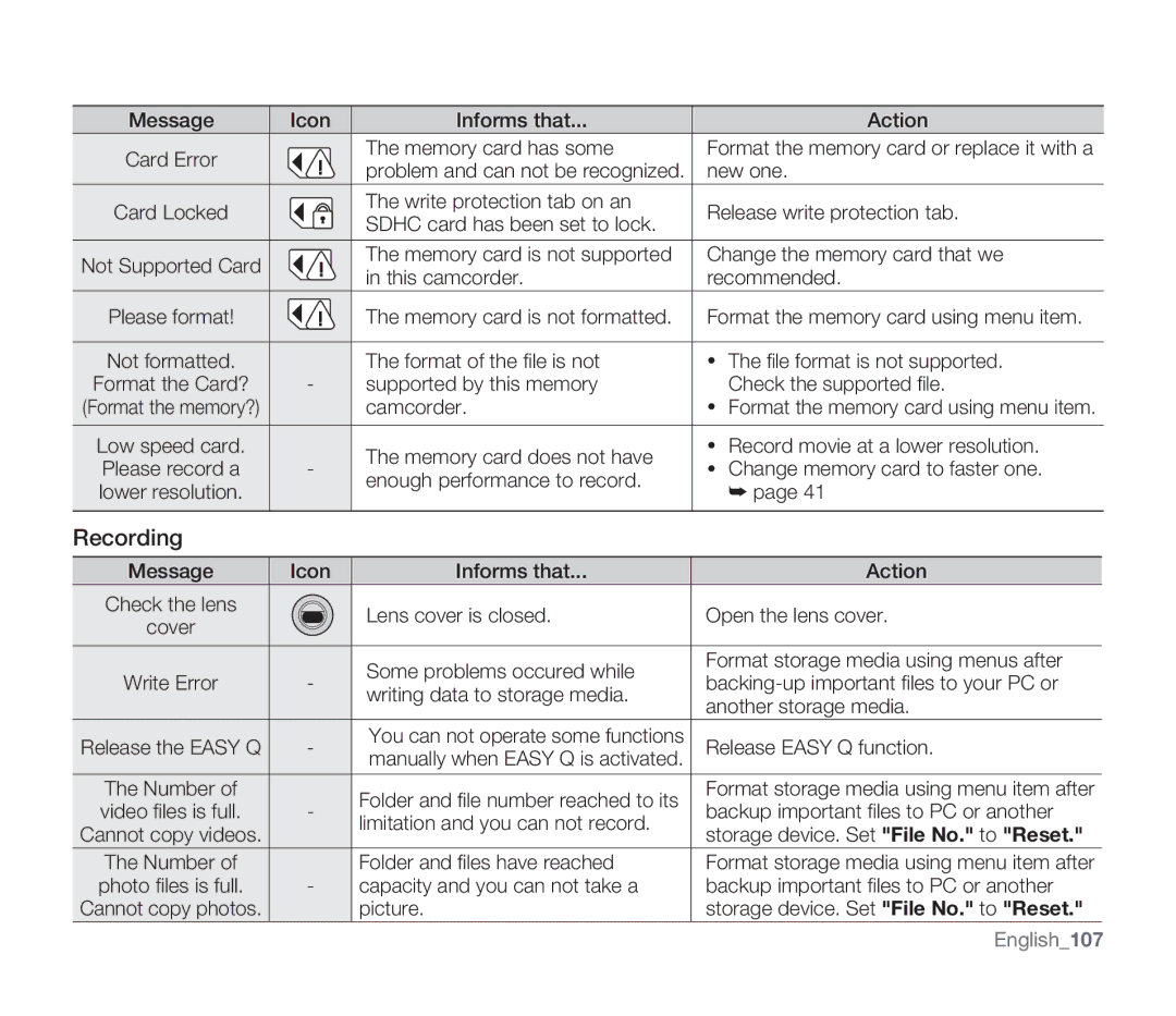 Samsung SMX-F33RN, SMX-F34SN, SMX-F34LN, SMX-F34RN, SMX-F33BN, SMX-F33LN, SMX-F33SN user manual Recording, English107 