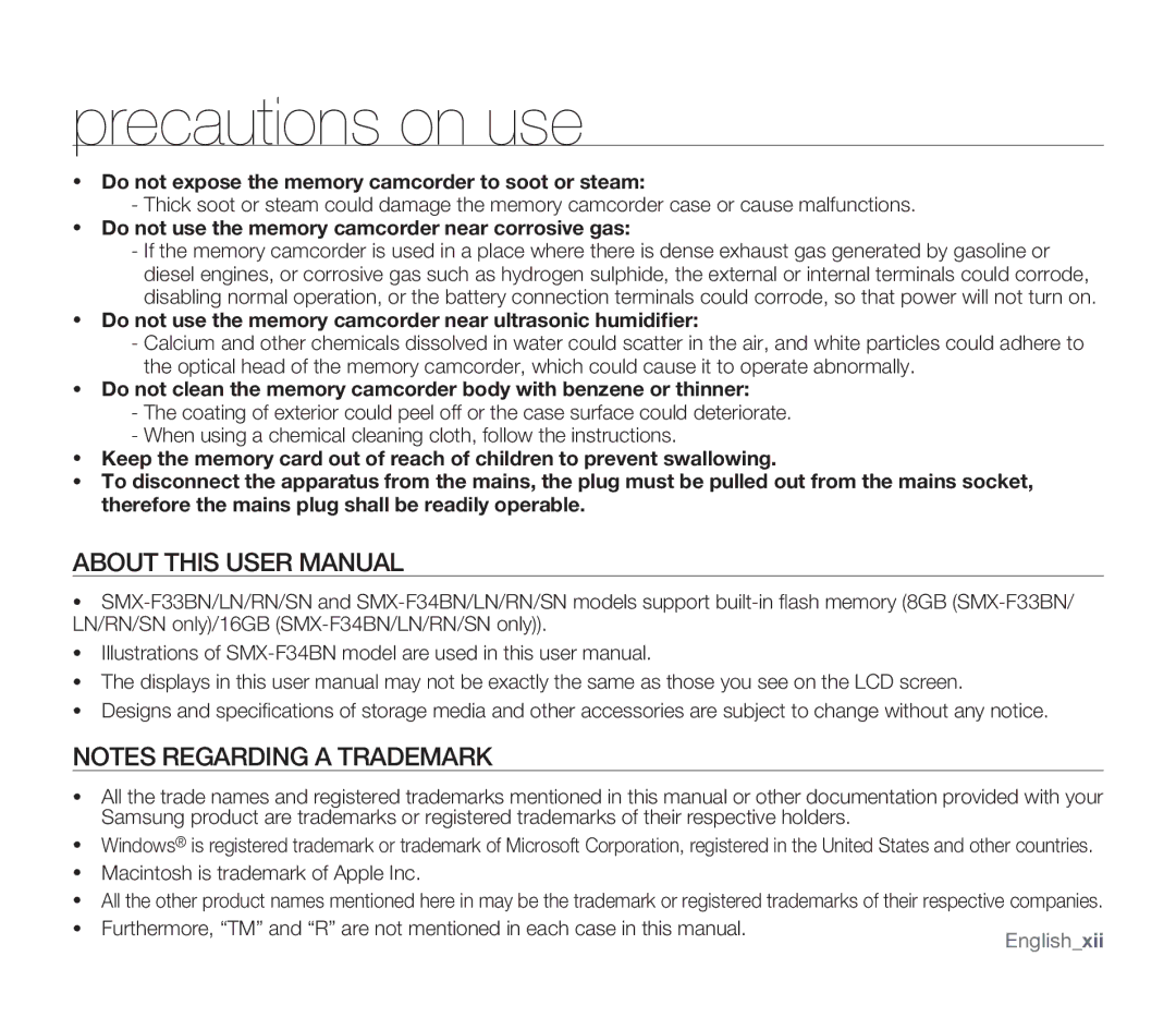 Samsung SMX-F33RN Do not expose the memory camcorder to soot or steam, Do not use the memory camcorder near corrosive gas 