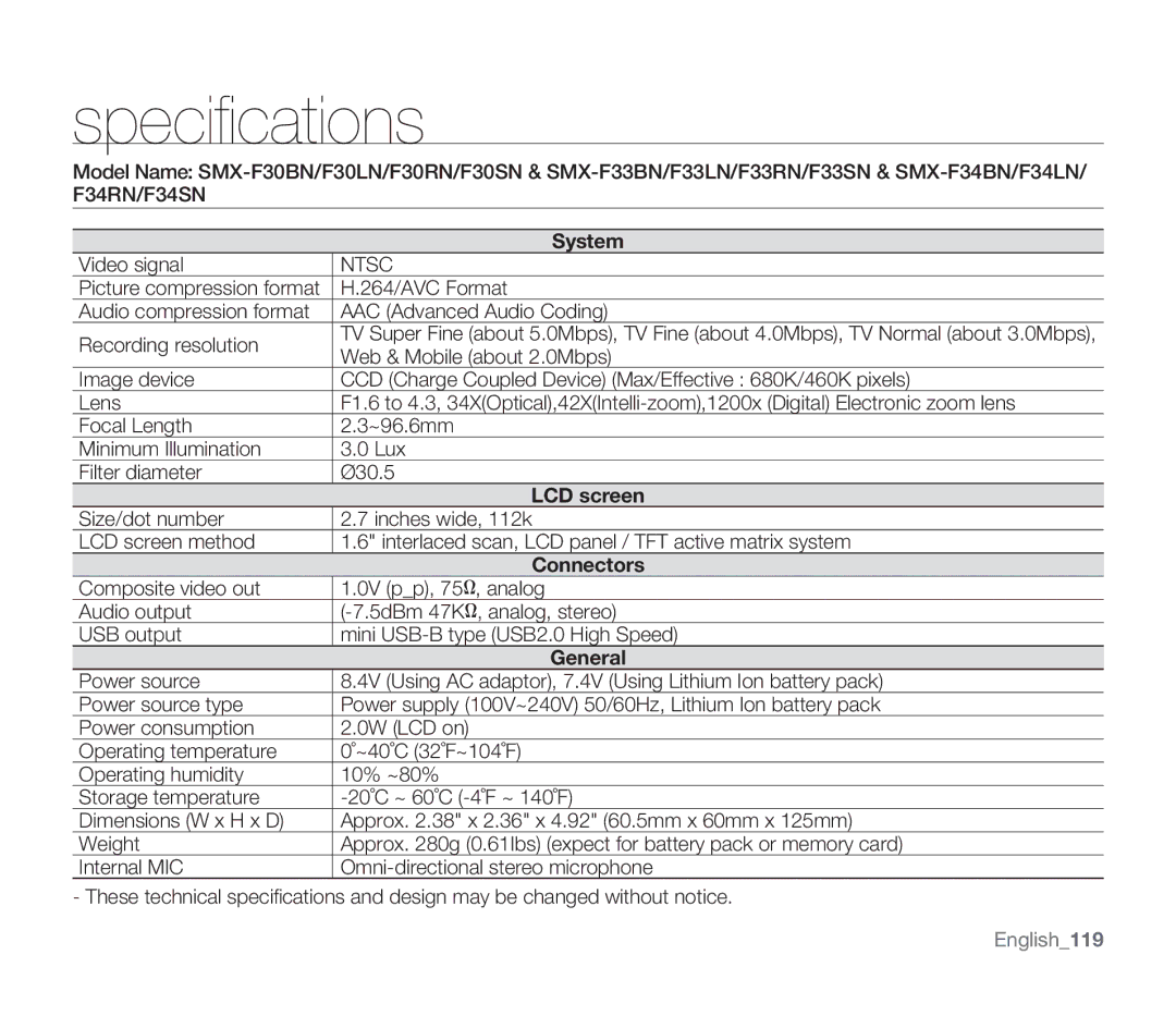 Samsung SMX-F33BN, SMX-F34SN, SMX-F34LN, SMX-F34RN Speciﬁ cations, Video signal, Web & Mobile about 2.0Mbps, English119 