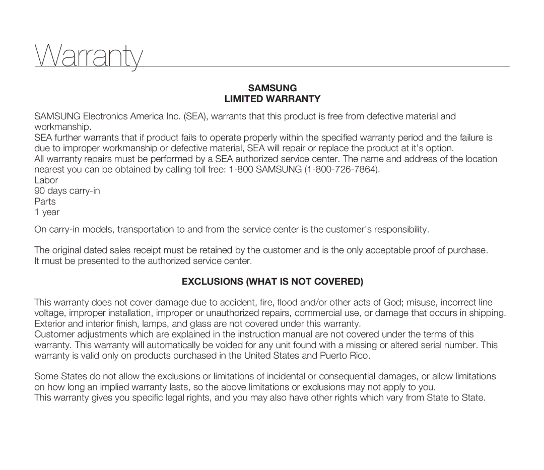 Samsung SMX-F33LN, SMX-F34SN, SMX-F34LN, SMX-F34RN, SMX-F33BN, SMX-F33RN, SMX-F33SN user manual Samsung Limited Warranty 