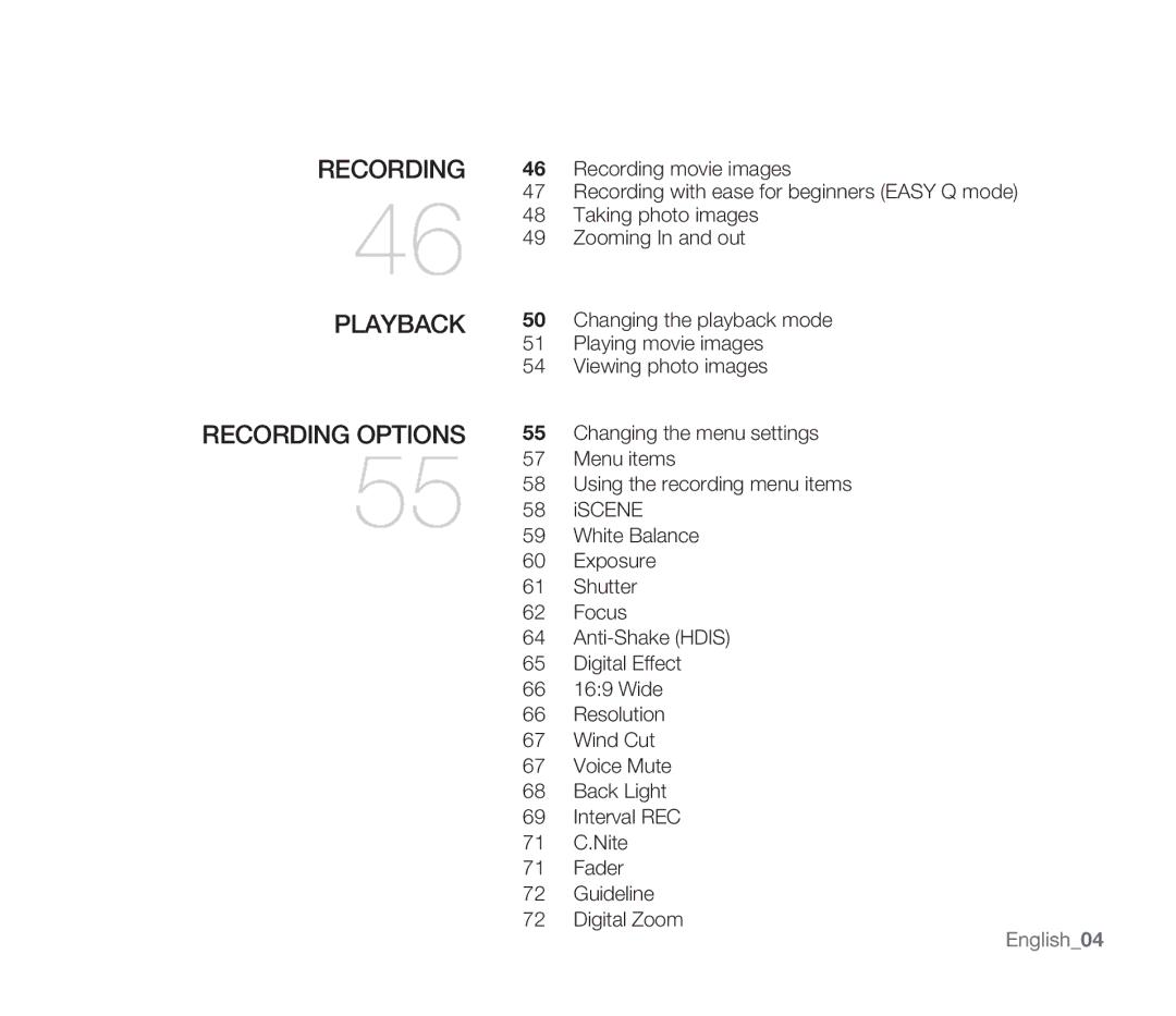 Samsung SMX-F34SN, SMX-F34LN, SMX-F34RN, SMX-F33BN, SMX-F33LN, SMX-F33RN Recording Playback Recording Options, English04 