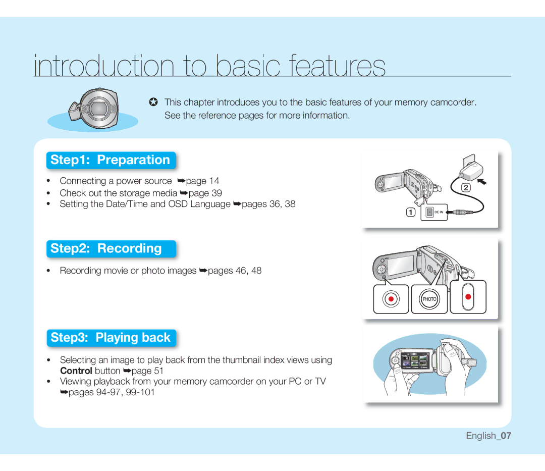 Samsung SMX-F33BN, SMX-F34SN, SMX-F34LN Introduction to basic features, Recording movie or photo images pages 46, English07 