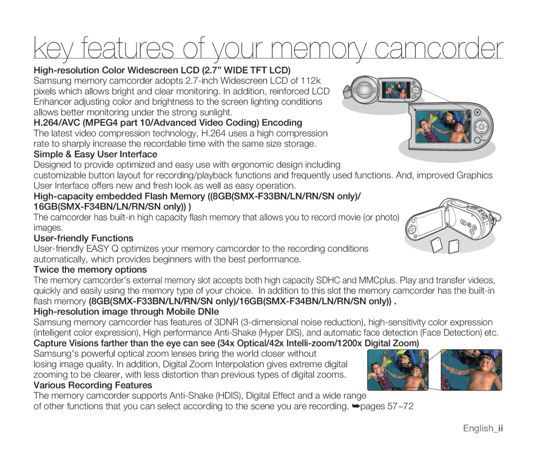 Samsung SMX-F34RN, SMX-F34SN, SMX-F34LN, SMX-F33BN, SMX-F33LN, SMX-F33RN Key features of your memory camcorder, Englishii 