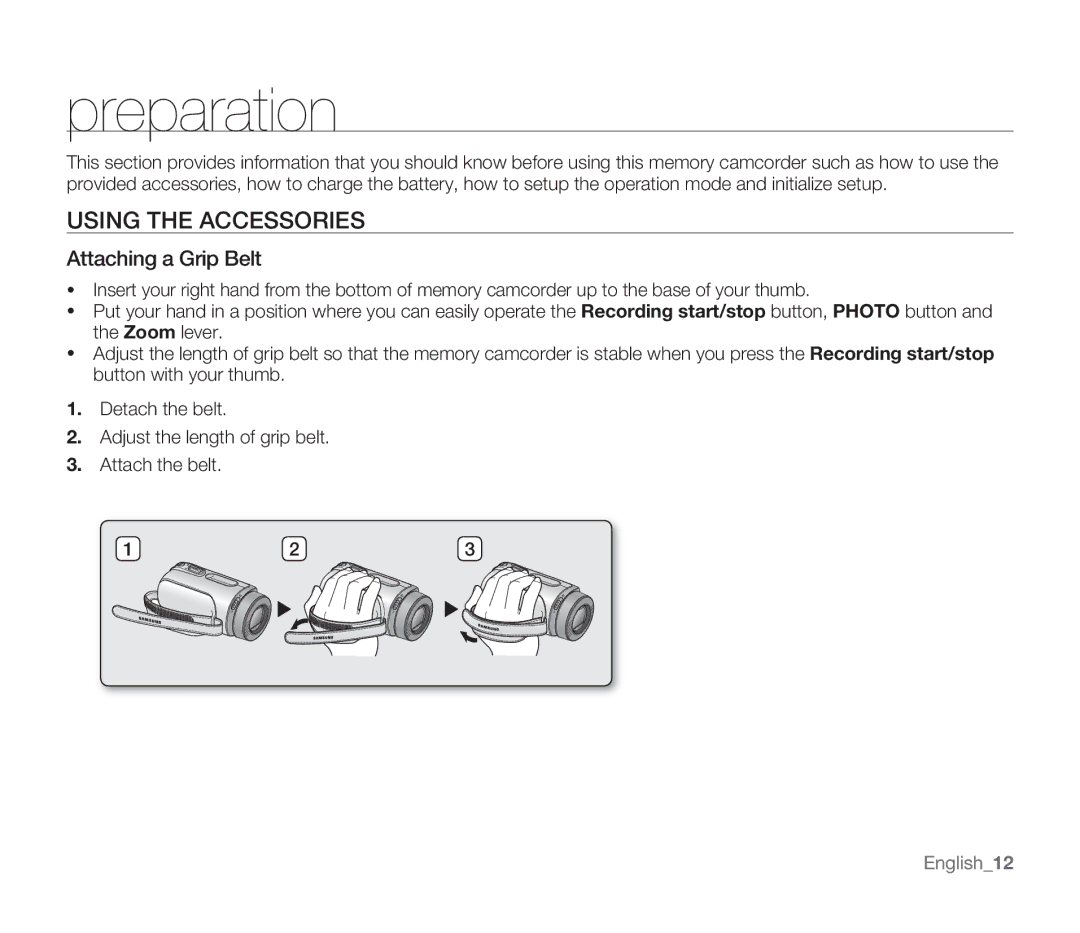 Samsung SMX-F34LN, SMX-F34SN, SMX-F34RN, SMX-F33BN Preparation, Using the Accessories, Attaching a Grip Belt, English12 