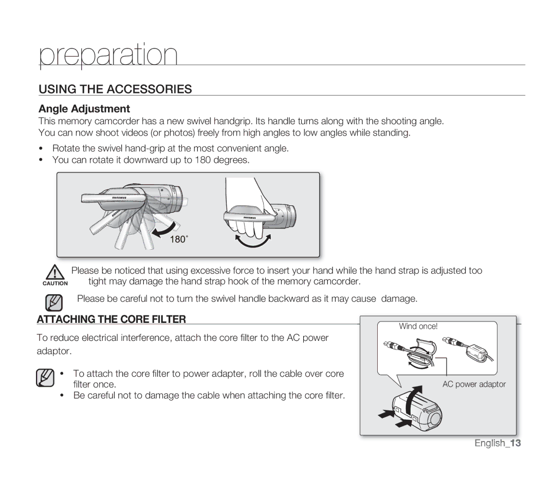 Samsung SMX-F34RN, SMX-F34SN, SMX-F34LN, SMX-F33BN, SMX-F33LN, SMX-F33RN, SMX-F33SN user manual Angle Adjustment, English13 