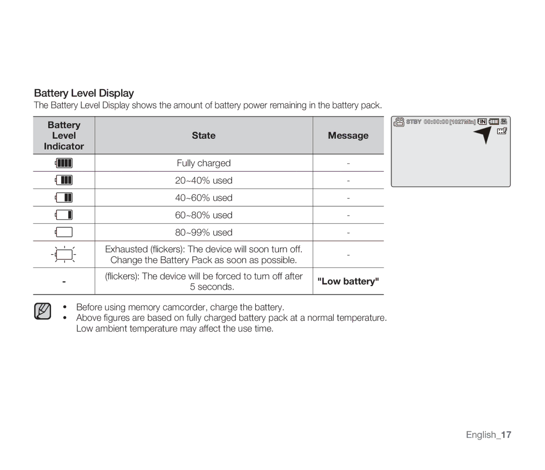 Samsung SMX-F33SN, SMX-F34SN, SMX-F34LN, SMX-F34RN, SMX-F33BN, SMX-F33LN, SMX-F33RN Battery Level Display, Seconds, English17 