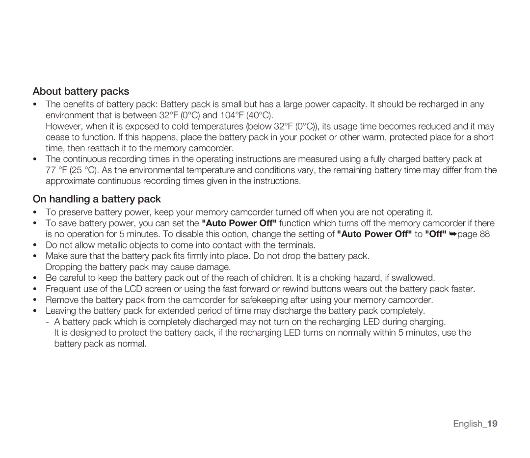 Samsung SMX-F34LN, SMX-F34SN, SMX-F34RN, SMX-F33BN, SMX-F33LN About battery packs, On handling a battery pack, English19 