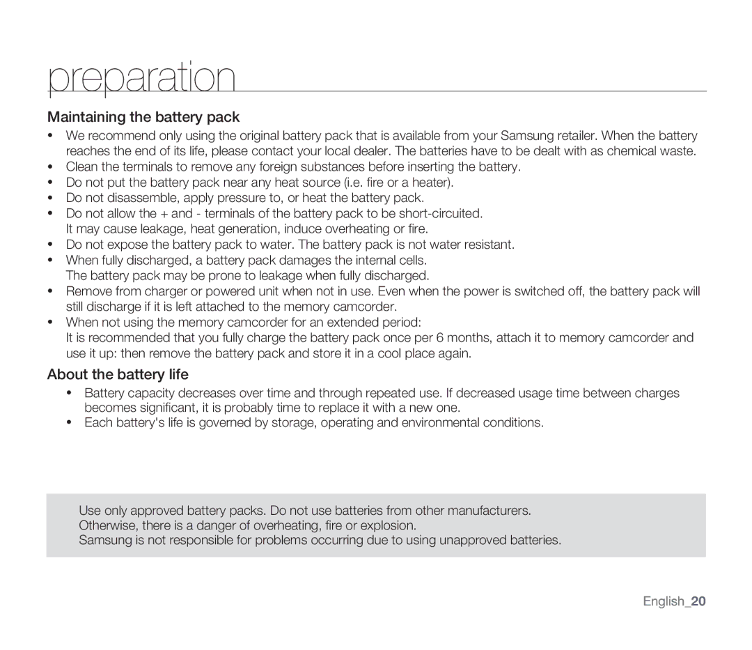 Samsung SMX-F34RN, SMX-F34SN, SMX-F34LN, SMX-F33BN, SMX-F33LN Maintaining the battery pack, About the battery life, English20 