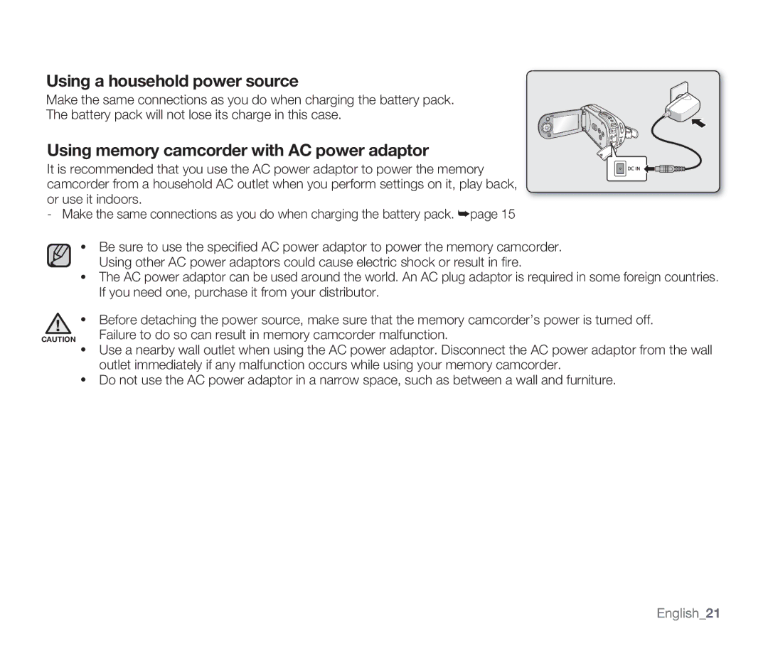 Samsung SMX-F33BN, SMX-F34SN, SMX-F34LN, SMX-F34RN, SMX-F33LN, SMX-F33RN, SMX-F33SN Using a household power source, English21 