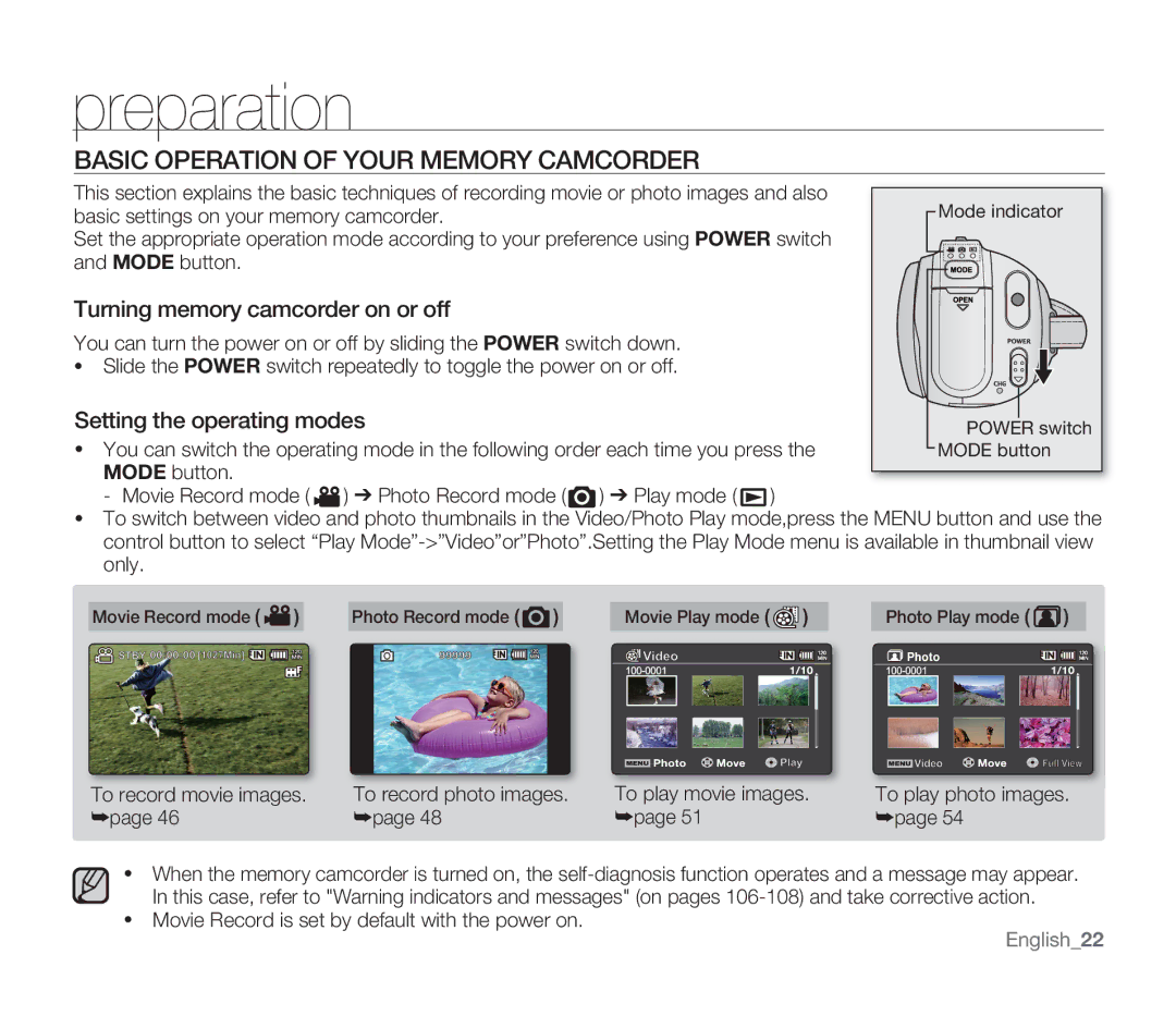 Samsung SMX-F33LN, SMX-F34SN Basic Operation of Your Memory Camcorder, Turning memory camcorder on or off, English22 