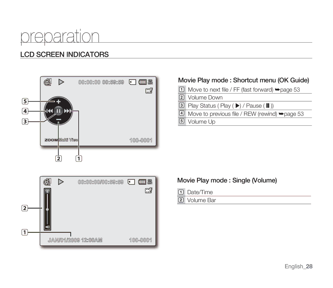 Samsung SMX-F33BN, SMX-F34SN, SMX-F34LN Movie Play mode Shortcut menu OK Guide, Movie Play mode Single Volume, English28 