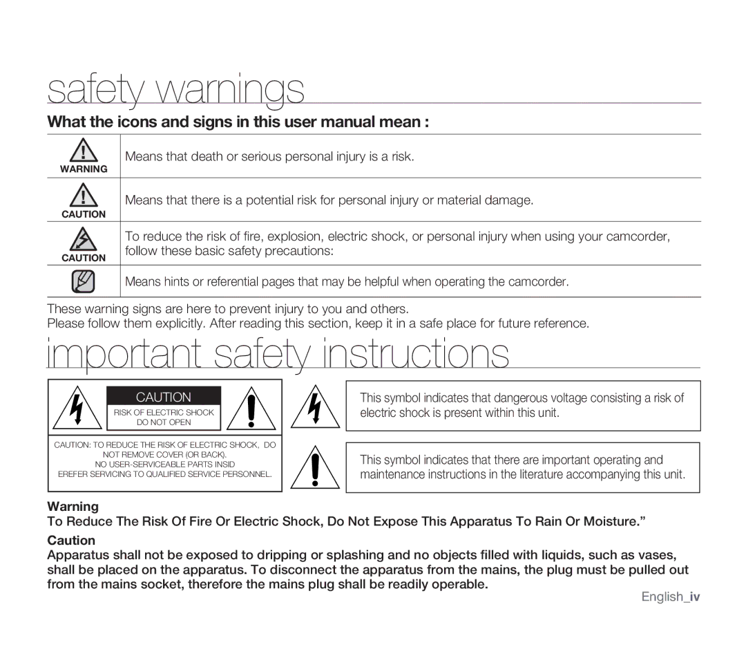 Samsung SMX-F33LN, SMX-F34SN, SMX-F34LN, SMX-F34RN, SMX-F33BN Safety warnings, Important safety instructions, Englishiv 