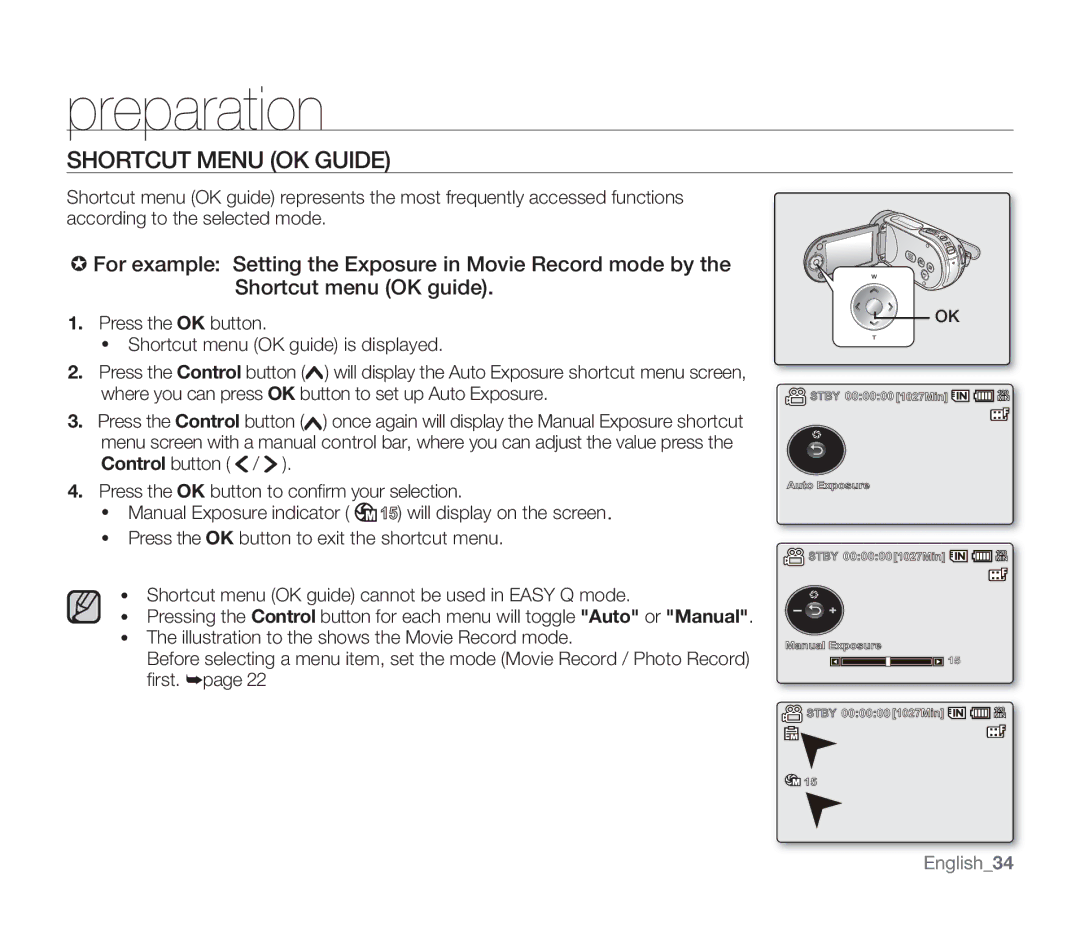 Samsung SMX-F34RN, SMX-F34SN, SMX-F34LN, SMX-F33BN, SMX-F33LN, SMX-F33RN, SMX-F33SN user manual Shortcut Menu OK Guide, English34 