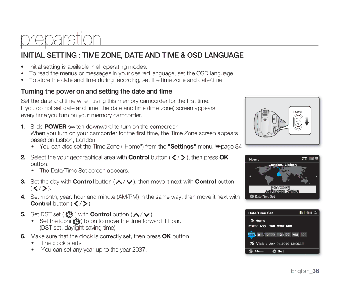 Samsung SMX-F33LN, SMX-F34SN, SMX-F34LN, SMX-F34RN Initial Setting Time ZONE, Date and Time & OSD Language, English36 