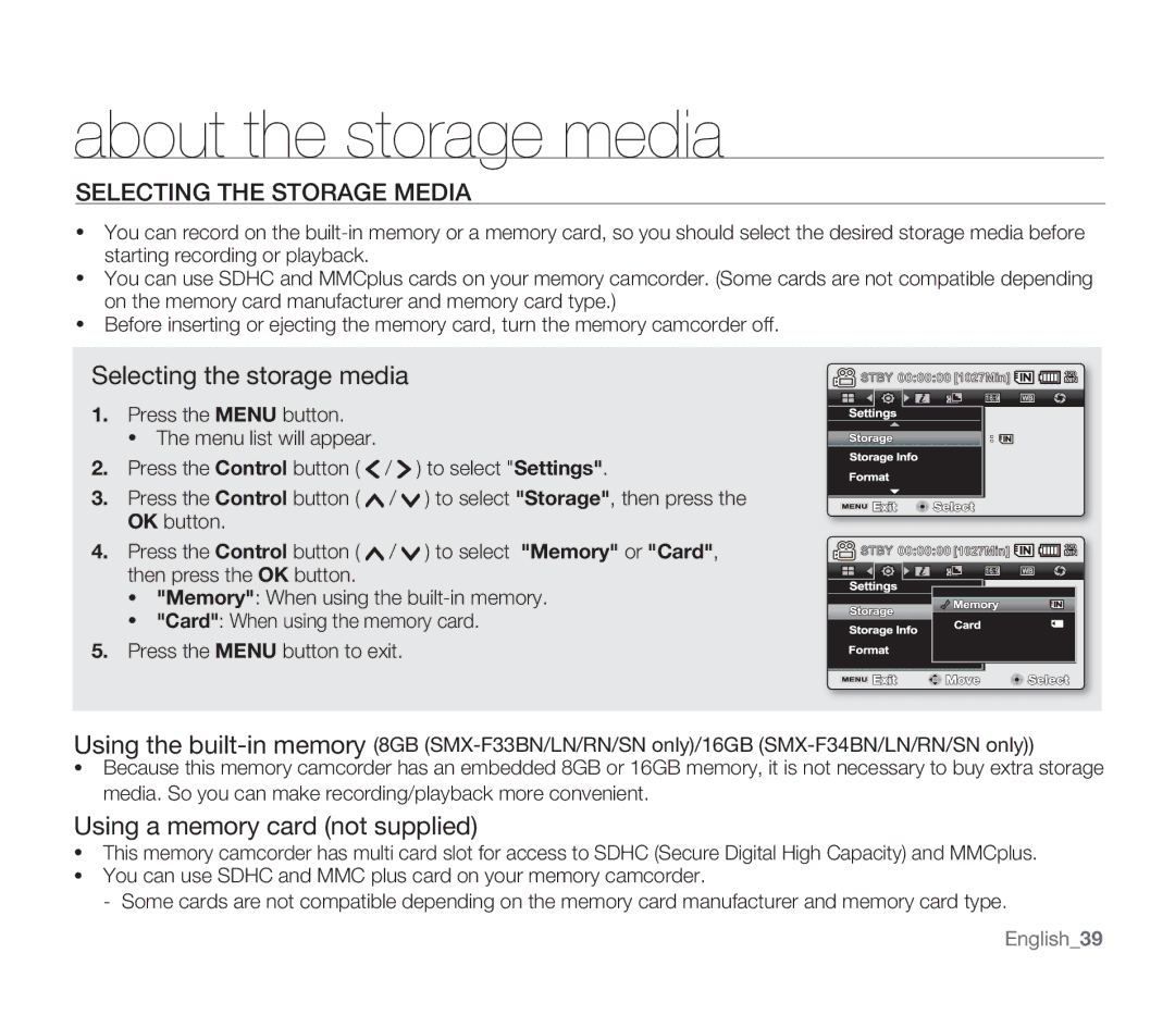 Samsung SMX-F34SN, SMX-F34LN About the storage media, Selecting the Storage Media, Selecting the storage media, English39 