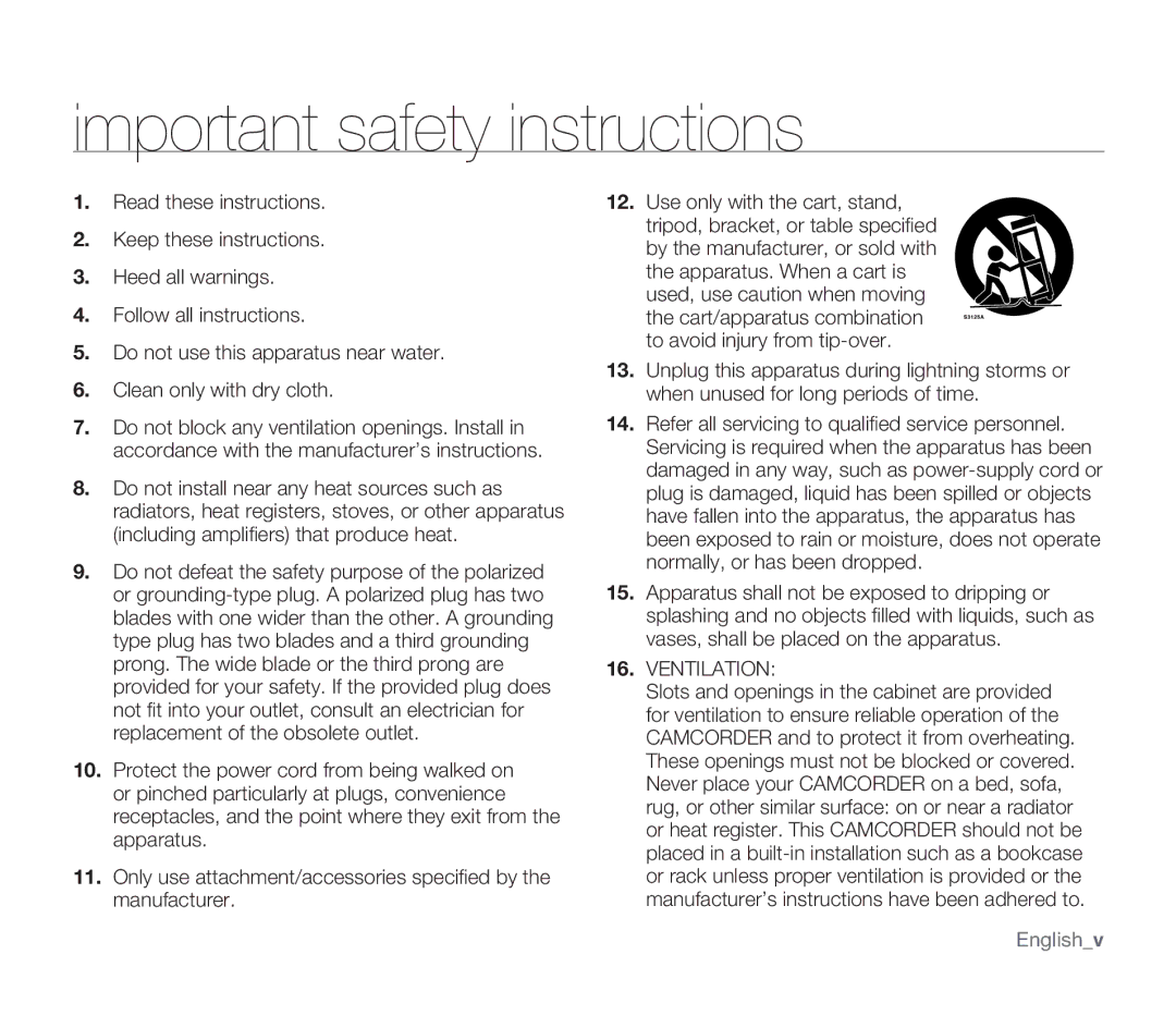 Samsung SMX-F33RN, SMX-F34SN, SMX-F34LN, SMX-F34RN, SMX-F33BN, SMX-F33LN, SMX-F33SN user manual Ventilation, Englishv 