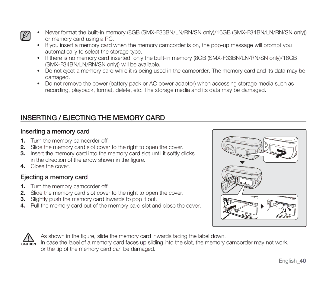 Samsung SMX-F34LN Inserting / Ejecting the Memory Card, Inserting a memory card, Ejecting a memory card, English40 