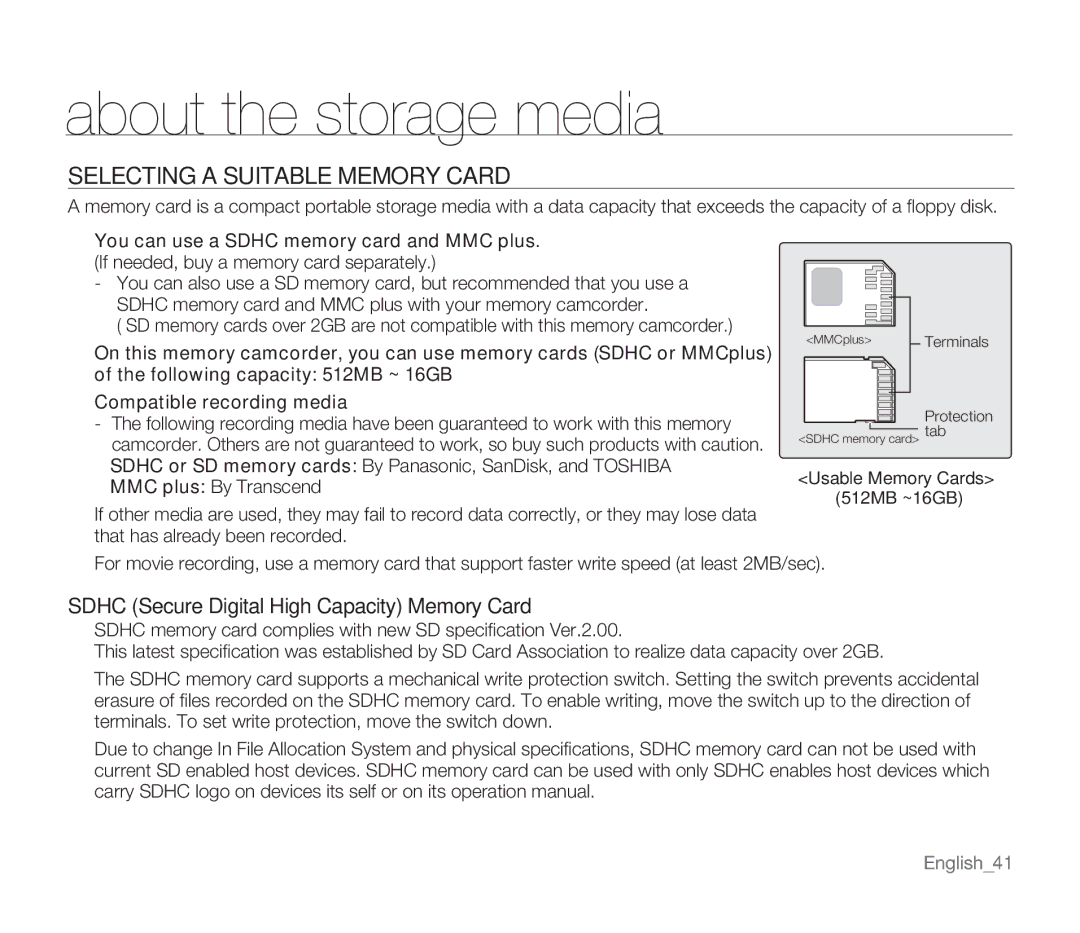 Samsung SMX-F34RN, SMX-F34SN, SMX-F34LN Selecting a Suitable Memory Card, Sdhc Secure Digital High Capacity Memory Card 