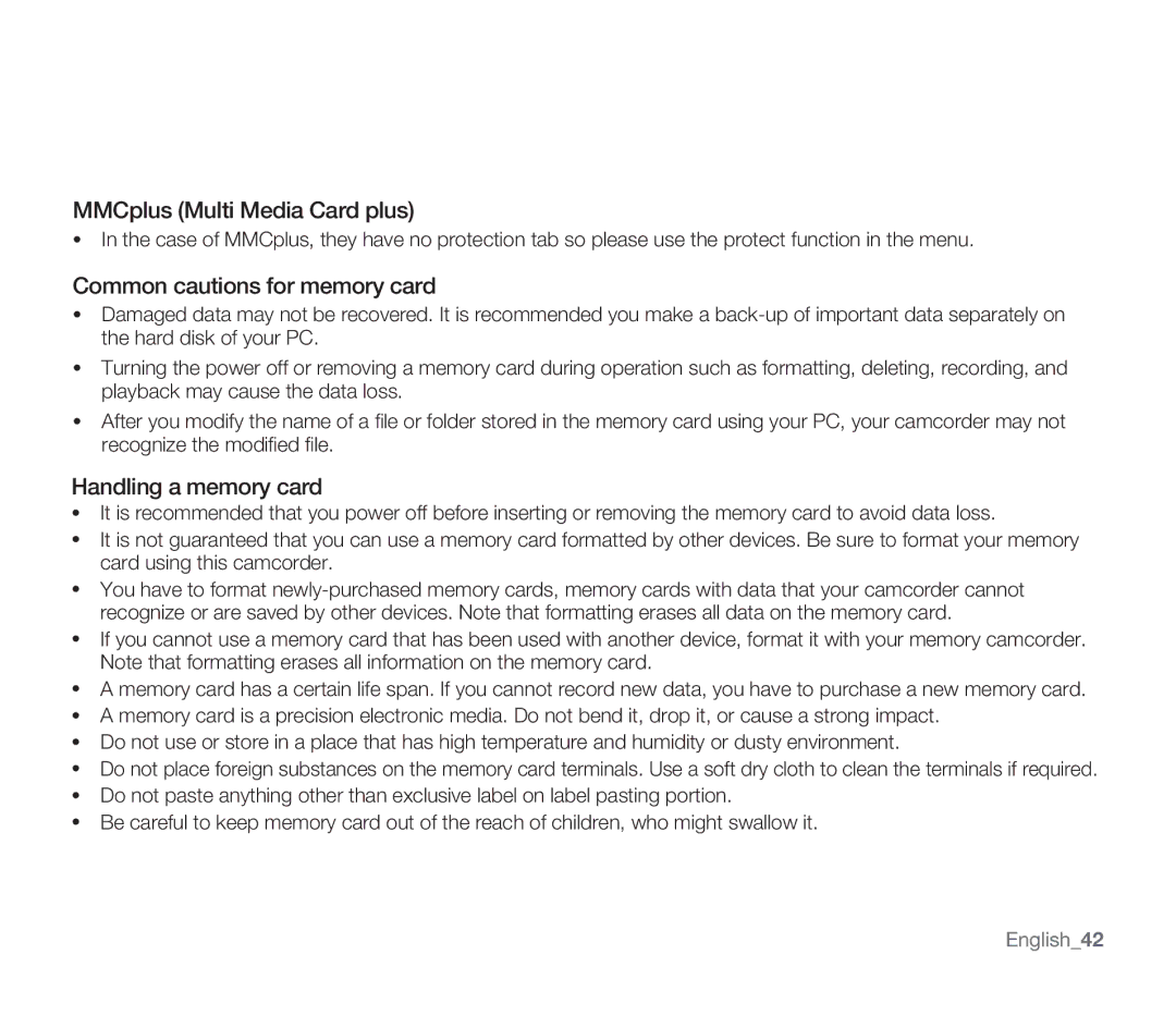 Samsung SMX-F33BN MMCplus Multi Media Card plus, Common cautions for memory card, Handling a memory card, English42 