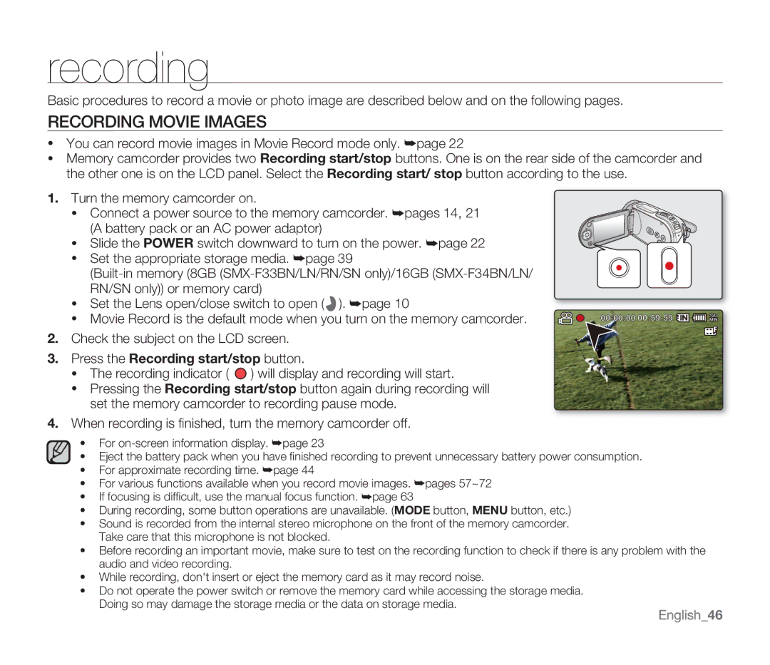 Samsung SMX-F34SN, SMX-F34LN Recording Movie Images, You can record movie images in Movie Record mode only, English46 