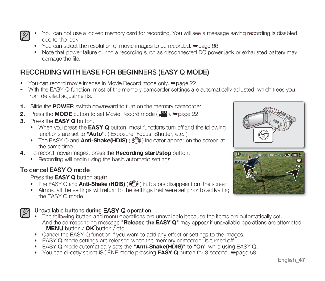 Samsung SMX-F34LN, SMX-F34SN, SMX-F34RN Recording with Ease for Beginners Easy Q Mode, To cancel Easy Q mode, English47 