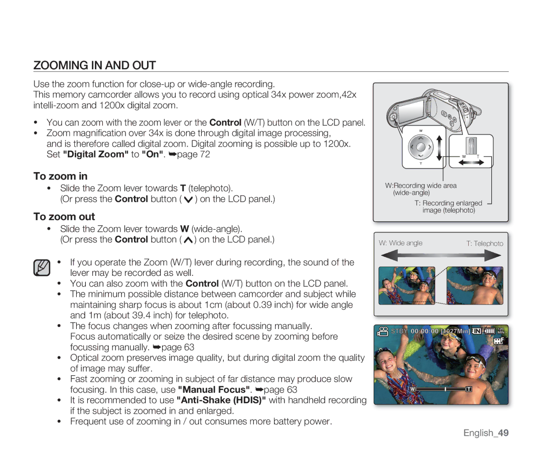 Samsung SMX-F33BN, SMX-F34SN, SMX-F34LN, SMX-F34RN, SMX-F33LN, SMX-F33RN, SMX-F33SN user manual Zooming in and OUT, English49 