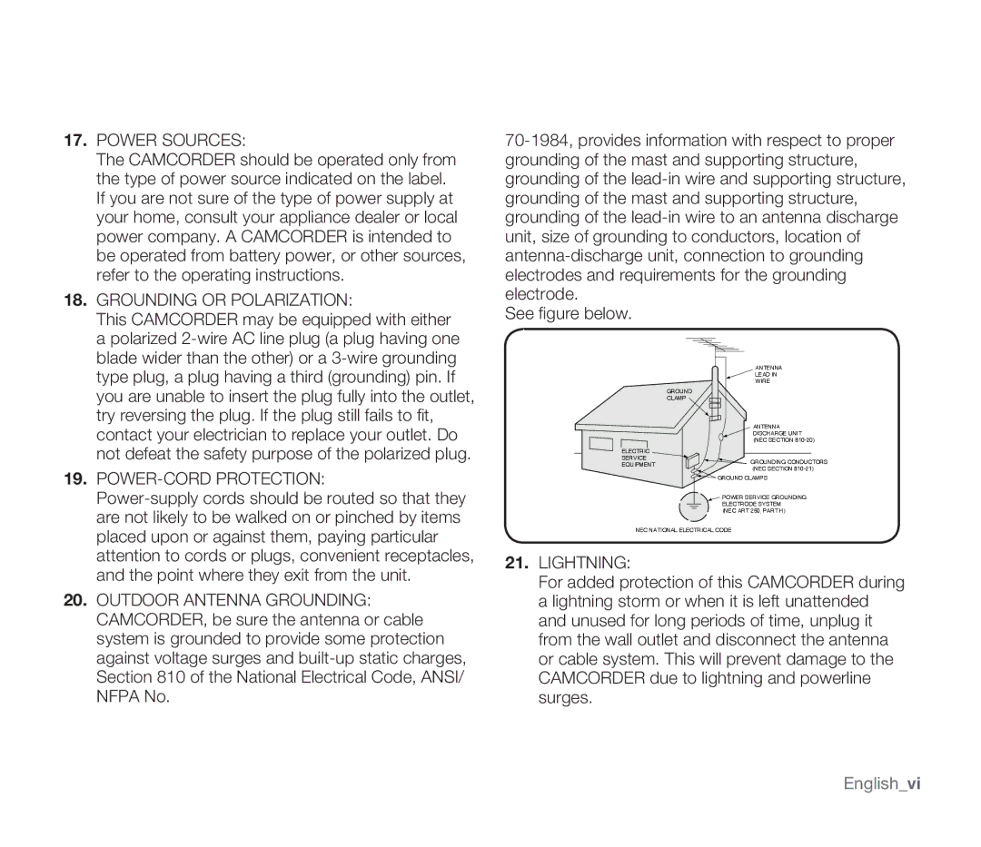 Samsung SMX-F33SN, SMX-F34SN, SMX-F34LN, SMX-F34RN, SMX-F33BN, SMX-F33LN, SMX-F33RN user manual Power Sources, Englishvi 