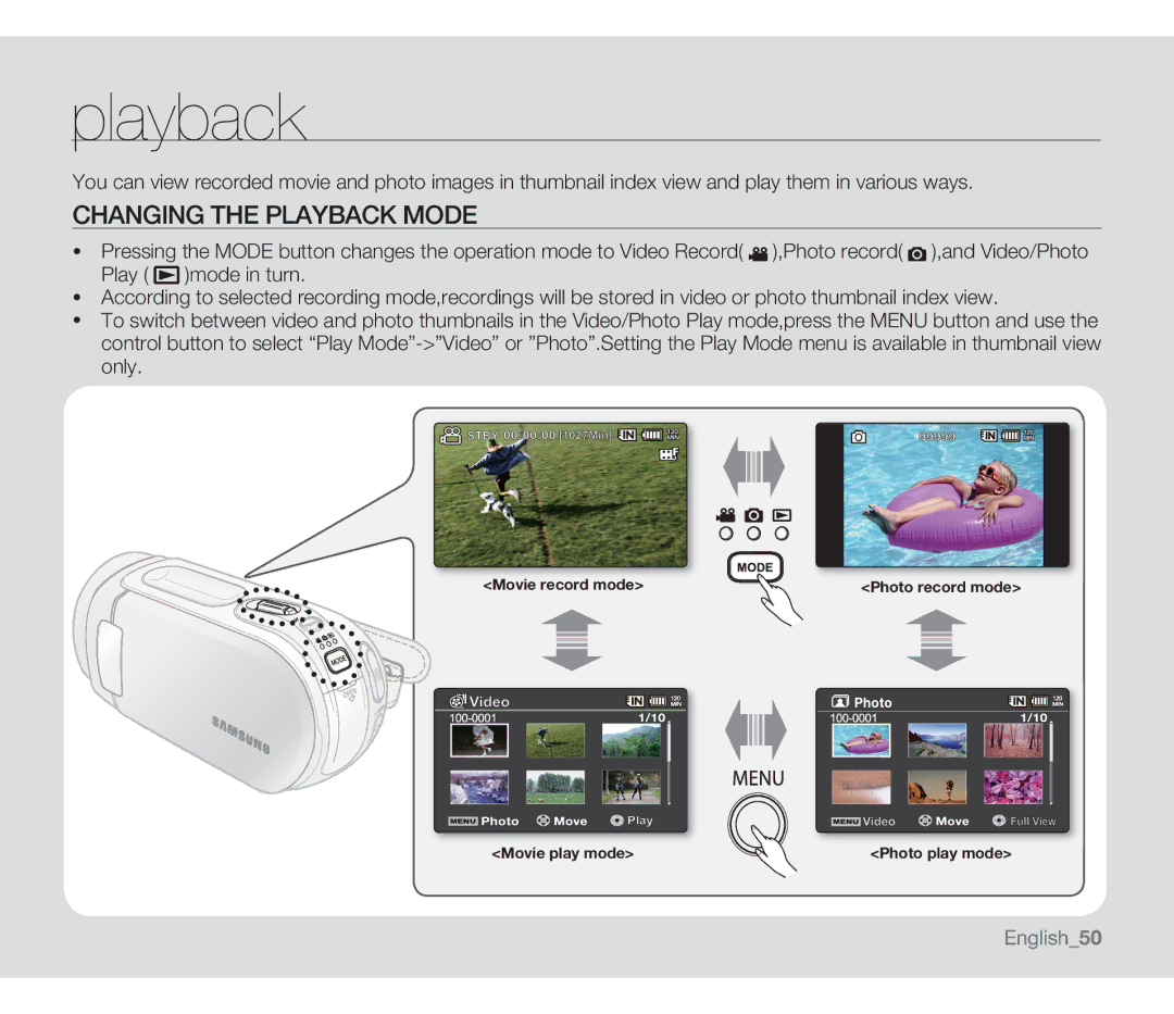 Samsung SMX-F33LN, SMX-F34SN, SMX-F34LN, SMX-F34RN, SMX-F33BN, SMX-F33RN, SMX-F33SN Changing the Playback Mode, English50 