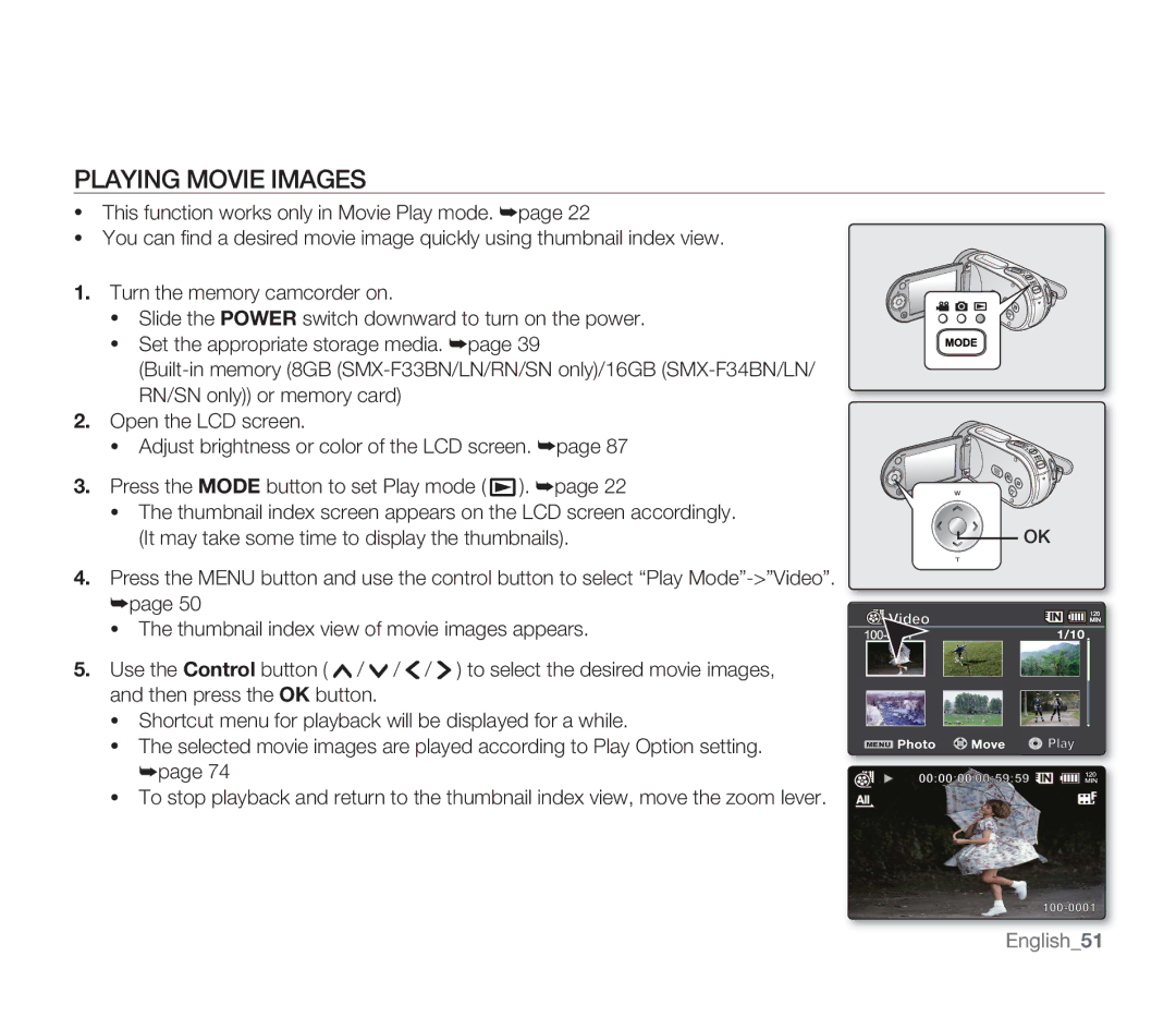 Samsung SMX-F33RN, SMX-F34SN, SMX-F34LN, SMX-F34RN, SMX-F33BN, SMX-F33LN, SMX-F33SN user manual Playing Movie Images, English51 