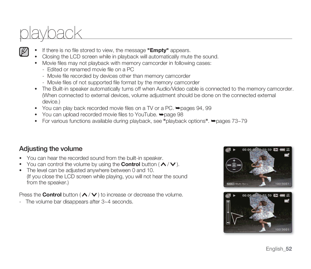 Samsung SMX-F33SN, SMX-F34SN, SMX-F34LN, SMX-F34RN, SMX-F33BN, SMX-F33LN, SMX-F33RN user manual Adjusting the volume, English52 