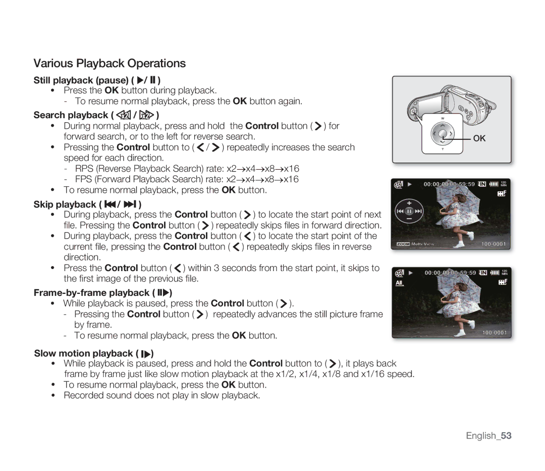 Samsung SMX-F34SN, SMX-F34LN, SMX-F34RN Various Playback Operations, Still playback pause, Search playback, Skip playback 