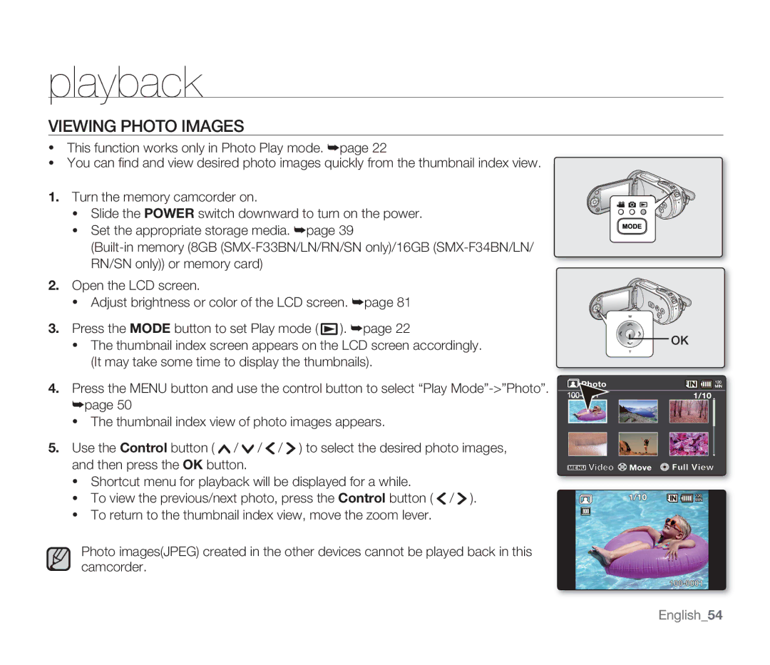 Samsung SMX-F34LN, SMX-F34SN, SMX-F34RN, SMX-F33BN, SMX-F33LN, SMX-F33RN, SMX-F33SN user manual Viewing Photo Images, English54 