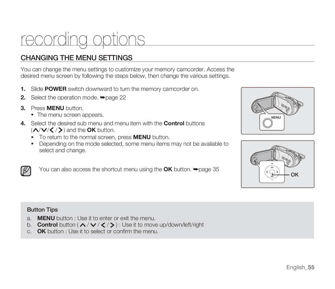 Samsung SMX-F34RN, SMX-F34SN, SMX-F34LN, SMX-F33BN, SMX-F33LN Recording options, Changing the Menu Settings, English55 