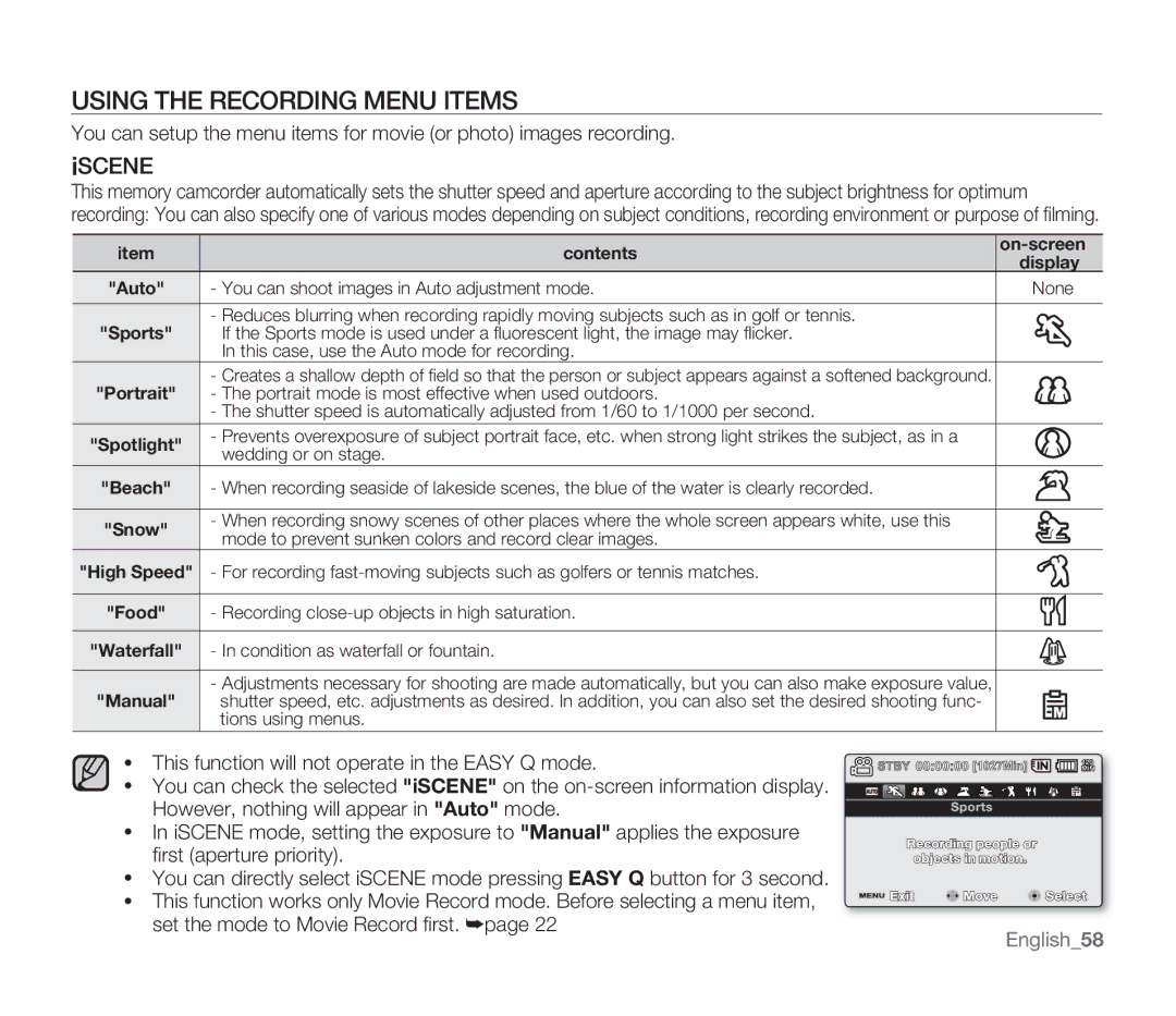 Samsung SMX-F33RN, SMX-F34SN, SMX-F34LN, SMX-F34RN, SMX-F33BN, SMX-F33LN Using the Recording Menu Items, Iscene, English58 