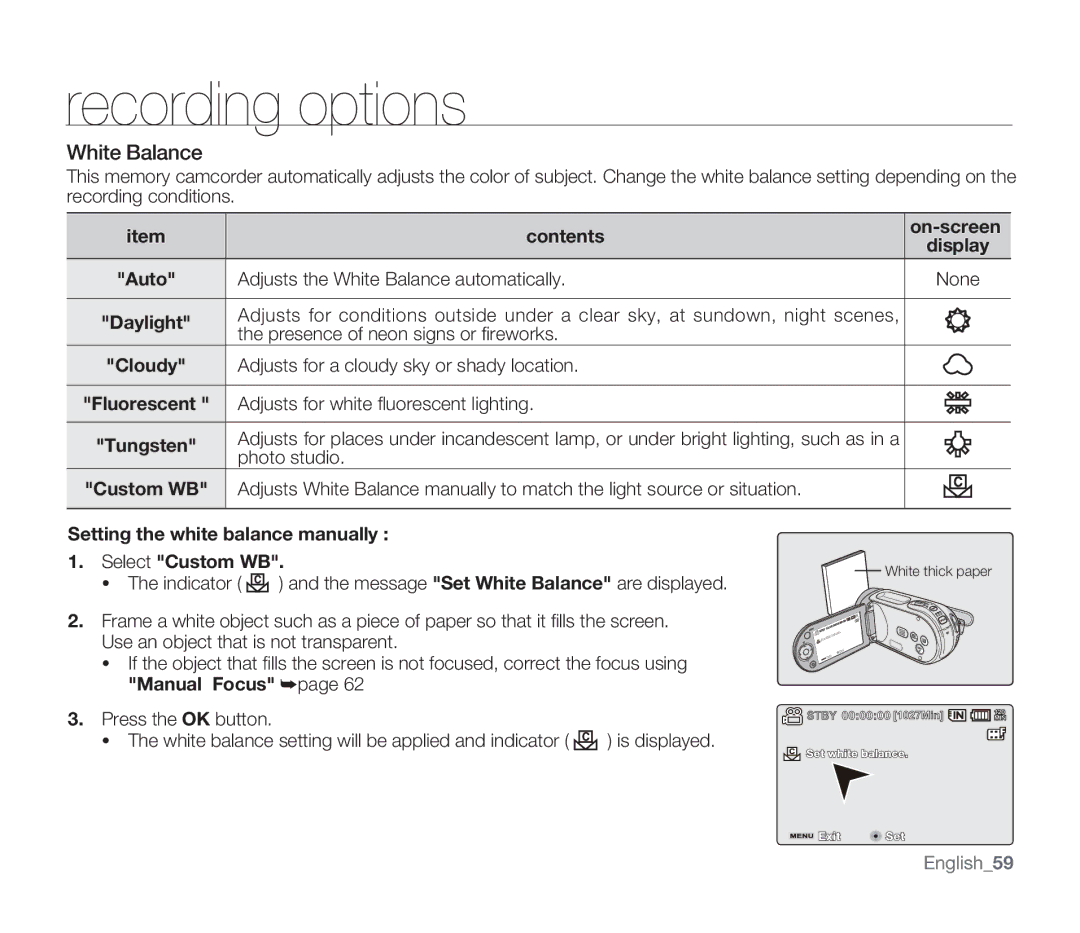 Samsung SMX-F33SN White Balance, Contents On-screen, Setting the white balance manually Select Custom WB, Manual Focus 
