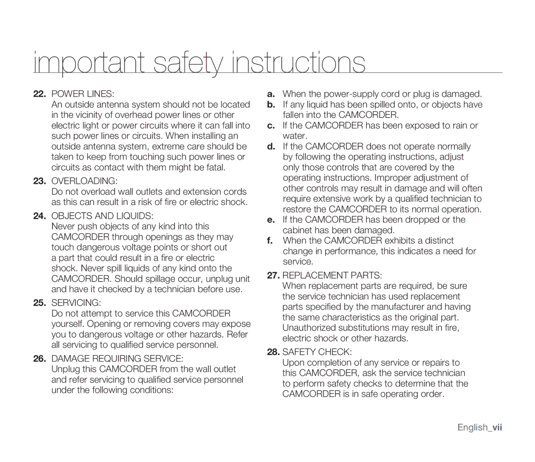 Samsung SMX-F34SN, SMX-F34LN, SMX-F34RN, SMX-F33BN, SMX-F33LN, SMX-F33RN, SMX-F33SN user manual Power Lines, Englishvii 