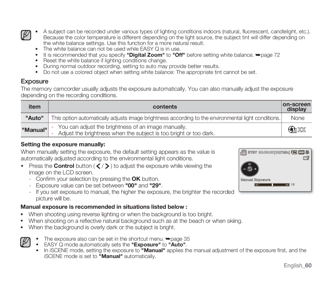 Samsung SMX-F34SN, SMX-F34LN, SMX-F34RN Exposure, Contents, None, Manual exposure is recommended in situations listed below 