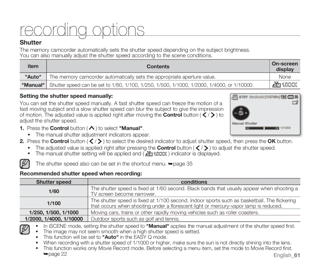 Samsung SMX-F34LN, SMX-F34SN, SMX-F34RN Setting the shutter speed manually, Recommended shutter speed when recording 