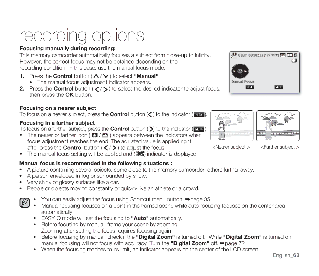 Samsung SMX-F33BN Focusing manually during recording, Manual focus is recommended in the following situations, English63 